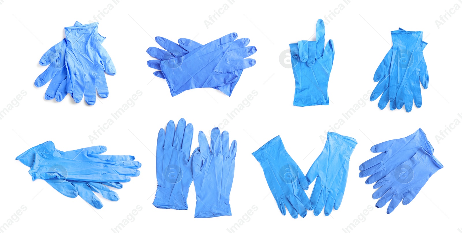 Image of Set of medical gloves on white background. Banner design