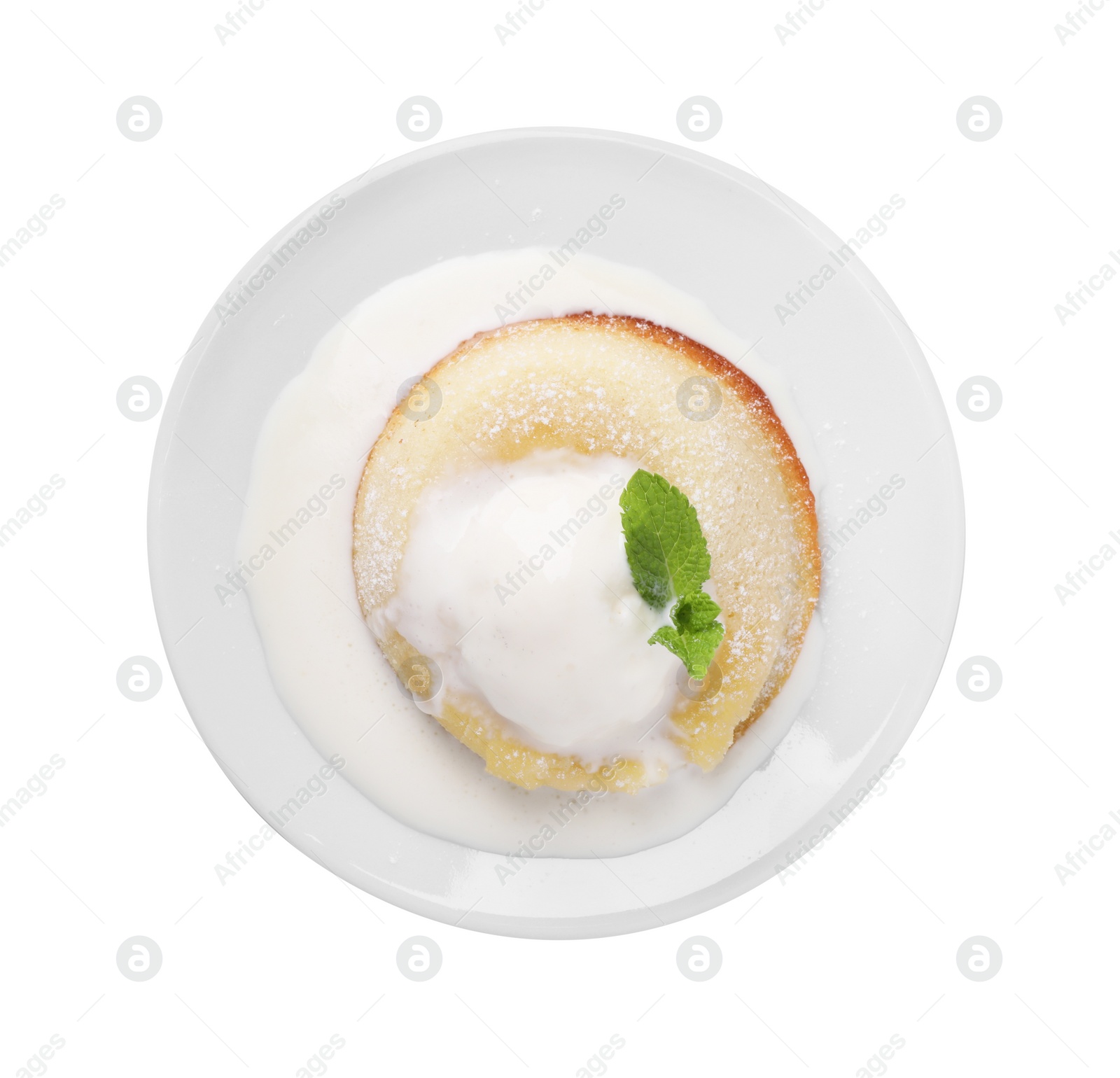 Photo of Delicious vanilla fondant with ice cream isolated on white, top view