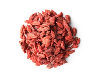 Pile of dried goji berries on white background, top view