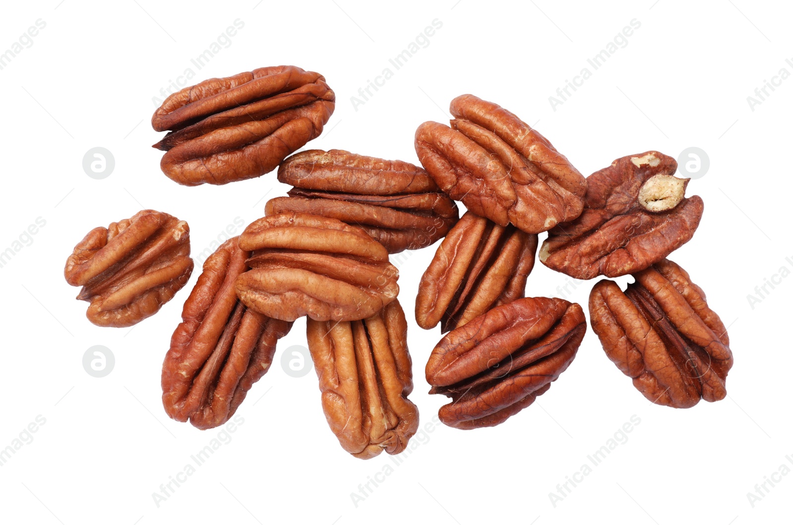 Photo of Tasty pecan nuts isolated on white, top view