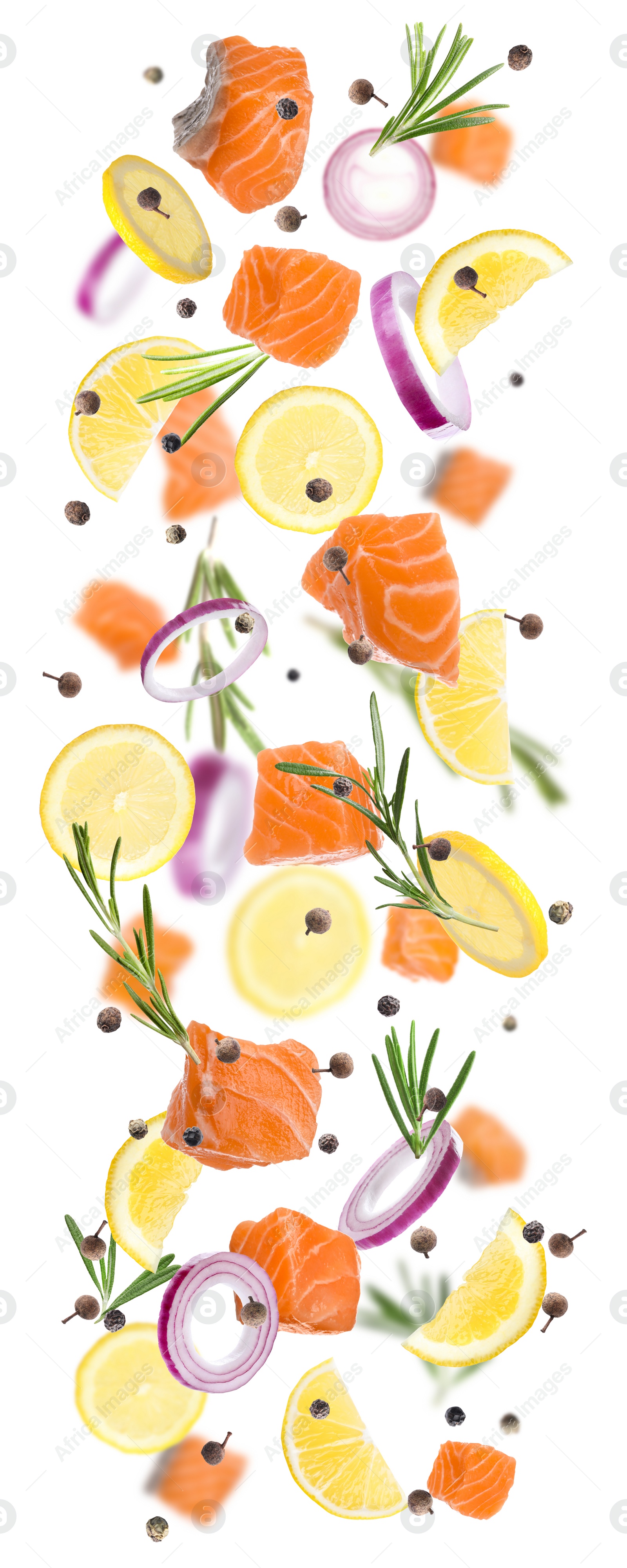 Image of Pieces of delicious fresh raw salmon and different spices on white background. Vertical banner design 