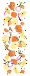 Image of Pieces of delicious fresh raw salmon and different spices on white background. Vertical banner design 