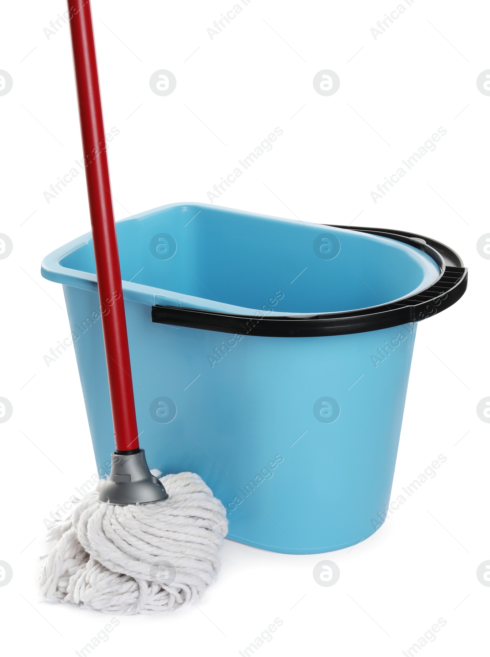 Photo of String mop and bucket isolated on white