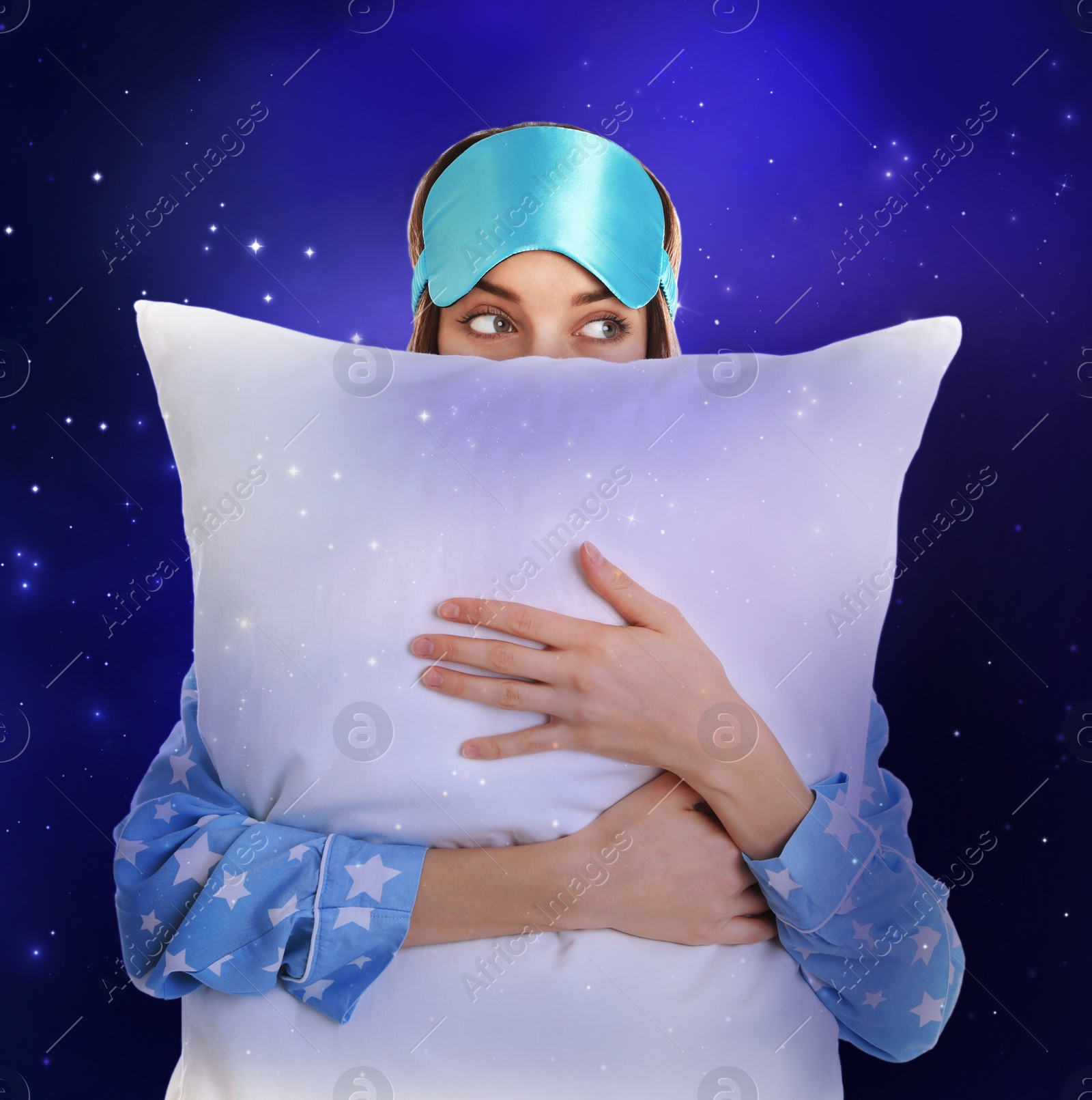 Image of Double exposure of beautiful woman with pillow and night starry sky. Bedtime