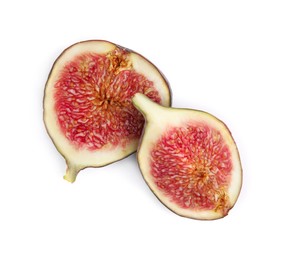 Photo of Pieces of ripe fresh fig isolated on white, top view