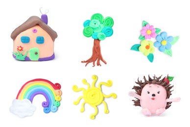 Image of Different objects made from playdough on white background, collage