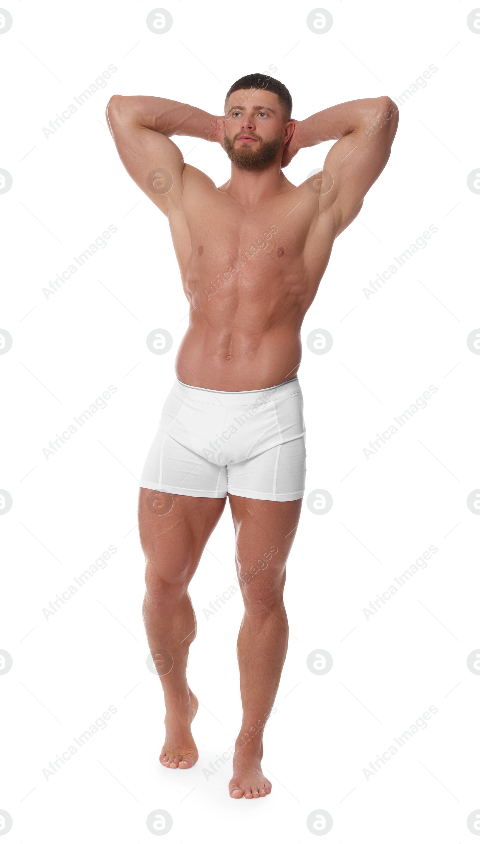 Photo of Young man is stylish underwear on white background