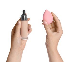 Photo of Woman with bottle of skin foundation and makeup sponge on white background, closeup