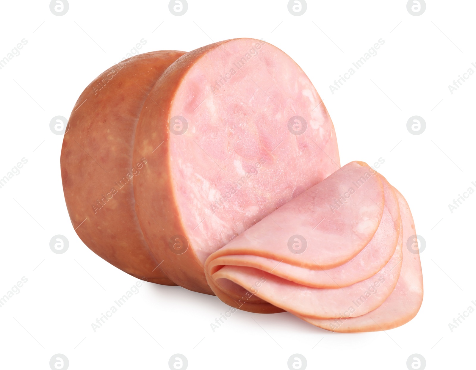 Photo of Tasty fresh sliced ham isolated on white