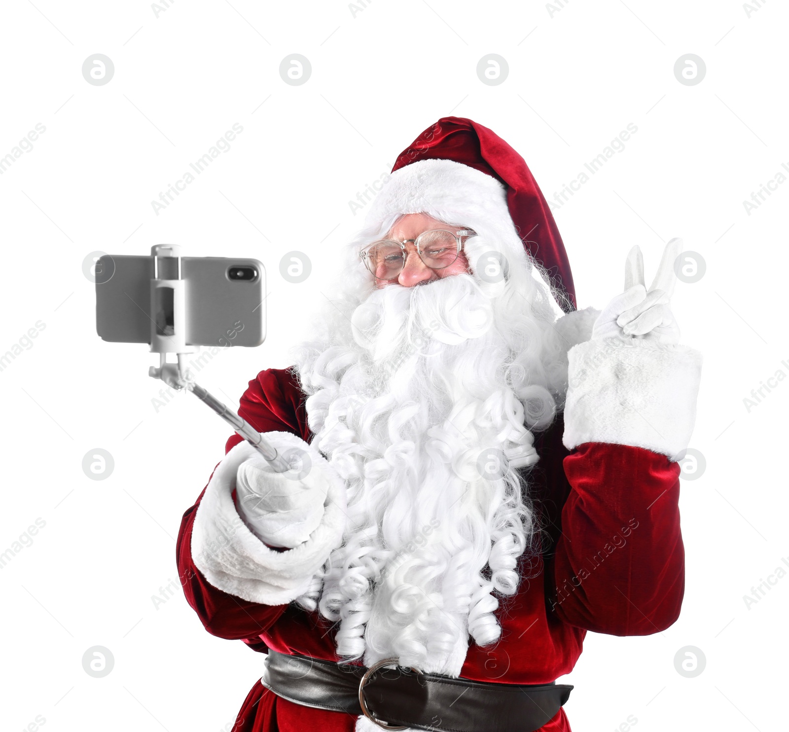 Photo of Authentic Santa Claus taking selfie on white background