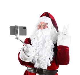 Authentic Santa Claus taking selfie on white background