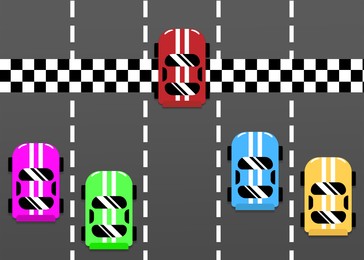 Illustration of Competition concept. Racing cars near finishing line and red one crossing it. Illustration