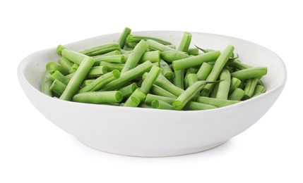 Photo of Fresh green beans in bowl isolated on white