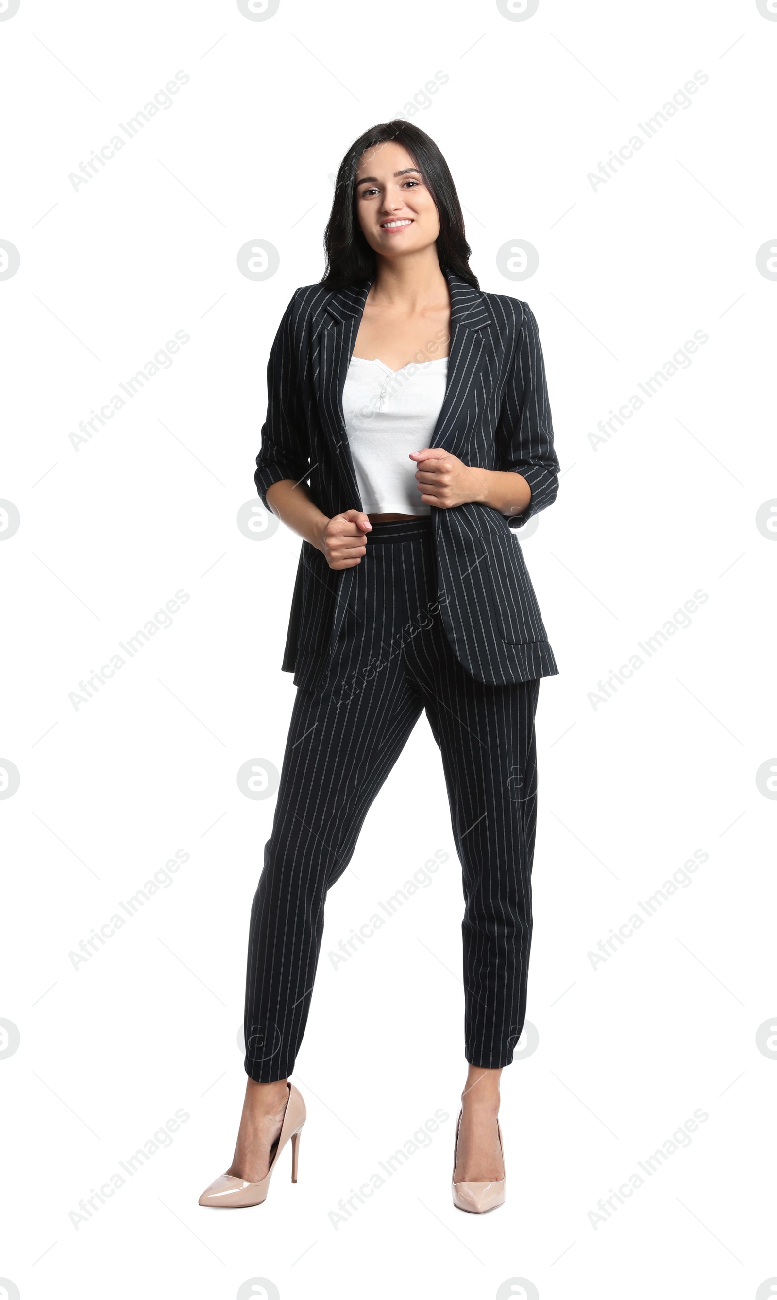 Photo of Full length portrait of beautiful woman in formal suit on white background. Business attire