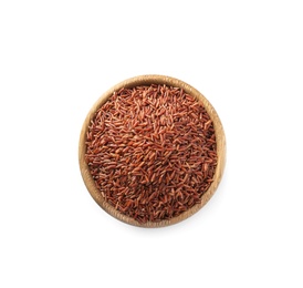 Photo of Bowl with uncooked brown rice on white background, top view