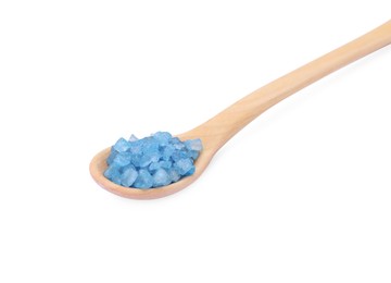 Photo of Spoon with blue sea salt isolated on white