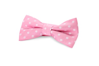 Stylish pink bow tie with polka dot pattern on white background