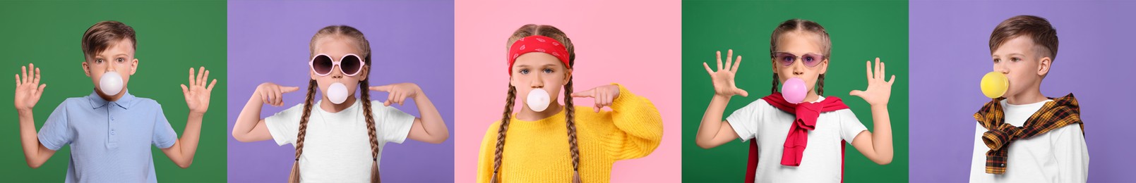 Cute children blowing bubble gums on color backgrounds, set of photos