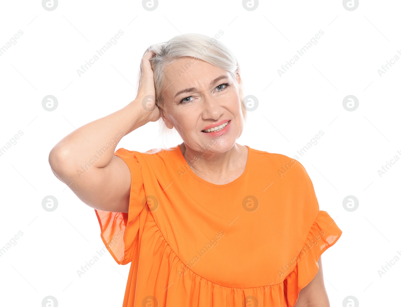 Photo of Mature woman scratching head on white background. Annoying itch