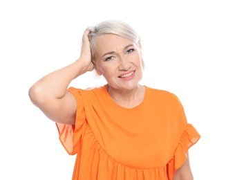 Photo of Mature woman scratching head on white background. Annoying itch