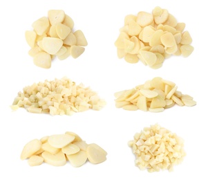 Image of Set of cut garlic on white background