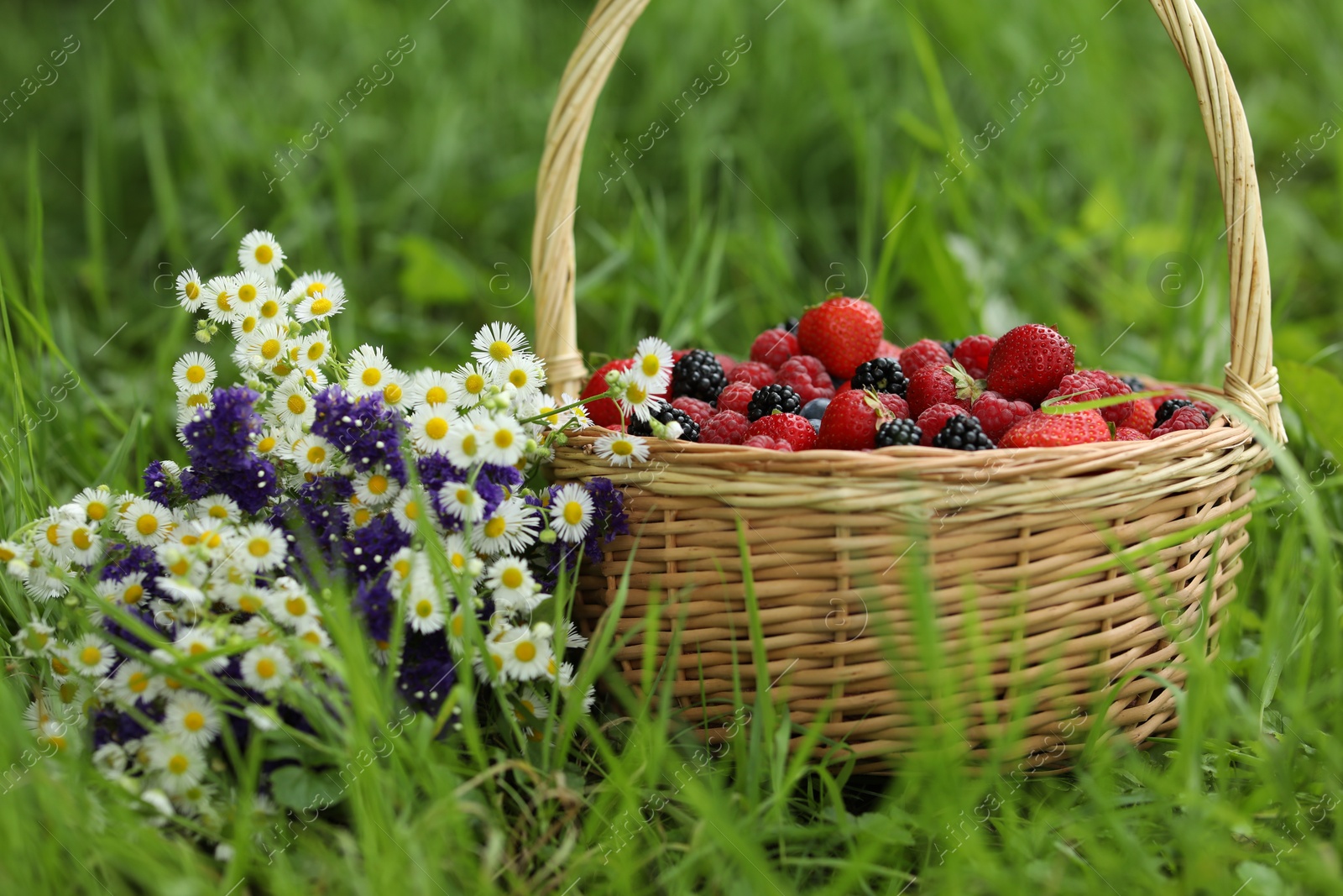 Photo of Wicker basket with different fresh ripe berries and beautiful flowers in green grass outdoors