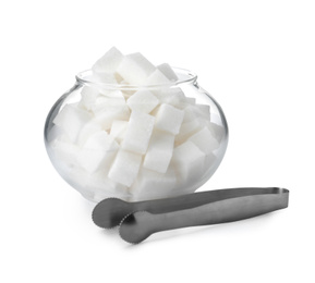 Photo of Glass bowl with sugar cubes and tongs isolated on white