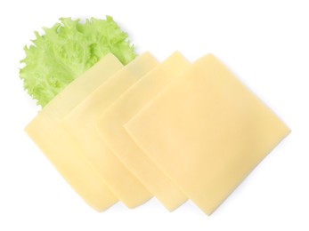 Photo of Slices of fresh cheese and lettuce isolated on white, top view