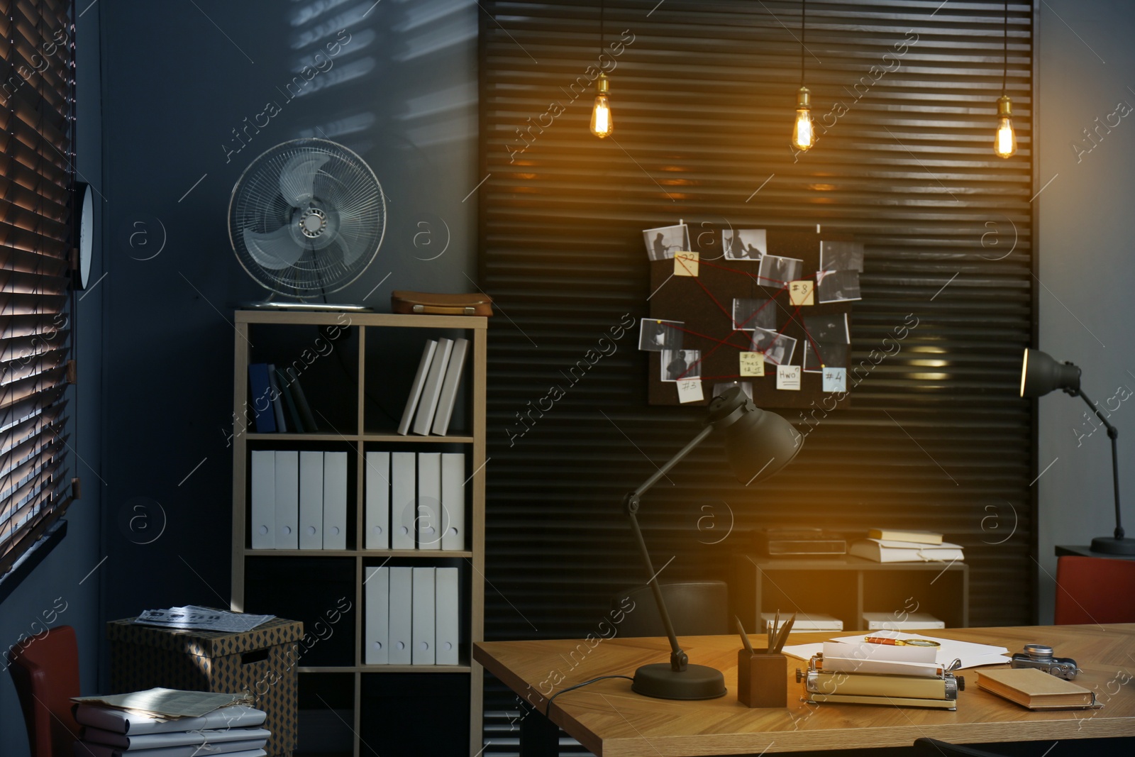 Photo of Detective office interior with evidence board on wall