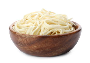 Wooden bowl with rice noodles isolated on white