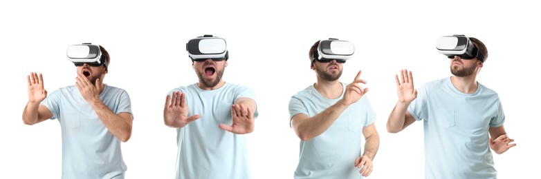 Image of Young man using virtual reality headset on white background, collage. Banner design