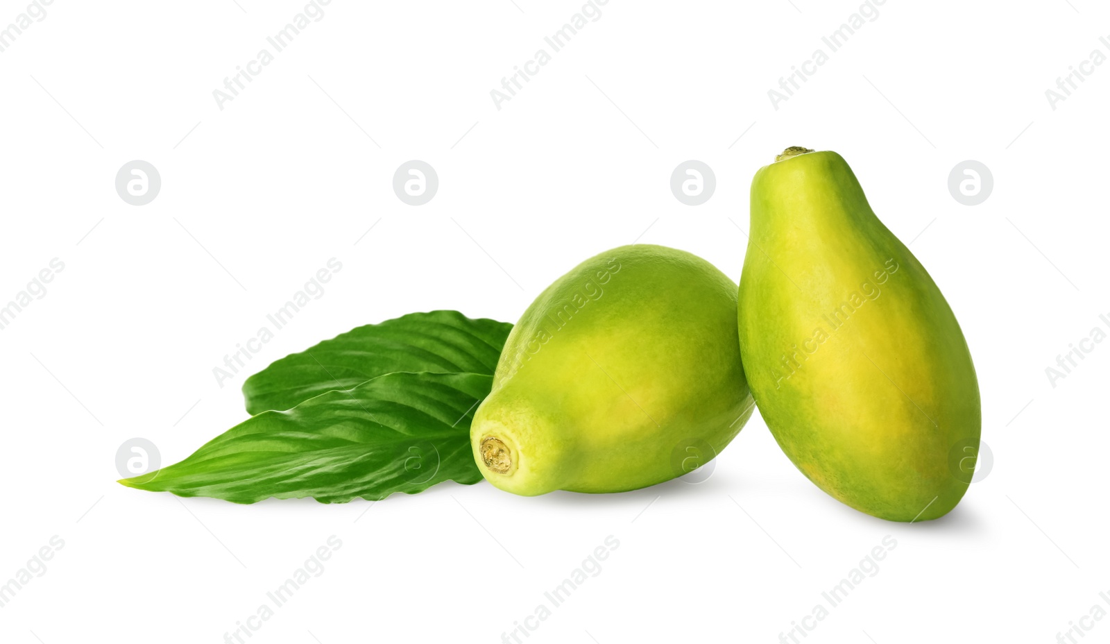 Photo of Fresh ripe papaya fruits with green leaves on white background