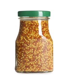 Photo of Delicious mustard beans in glass jar on white background. Spicy sauce