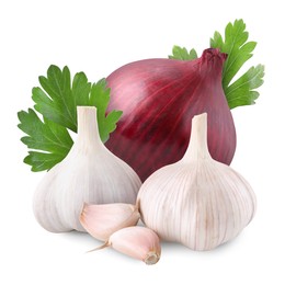 Image of Garlic, red onion and parsley isolated on white