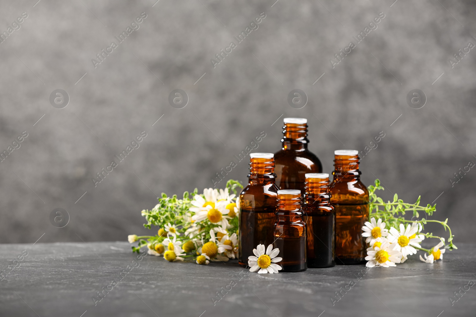 Photo of Bottles with essential oils, chamomile and thyme on grey textured table. Space for text