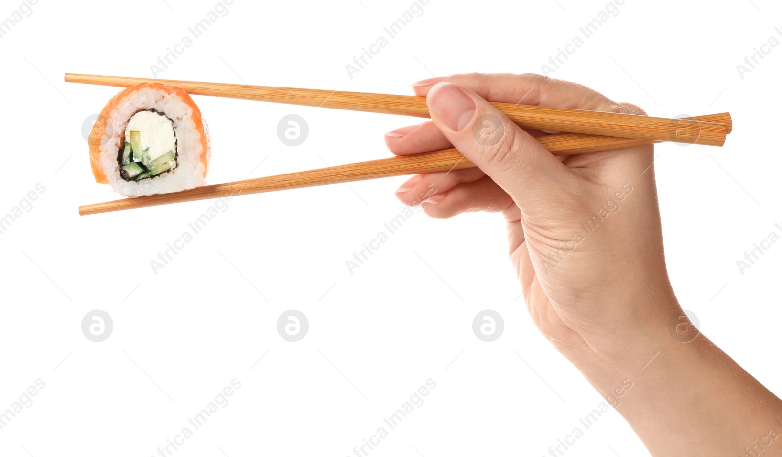Photo of Woman holding sushi roll on white background, closeup