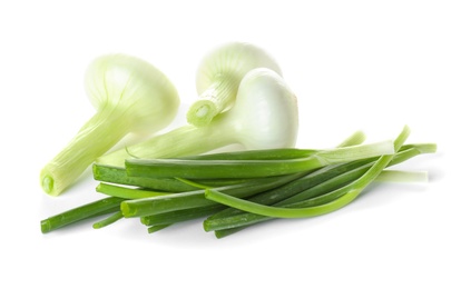 Photo of Fresh ripe cut green onions on white background