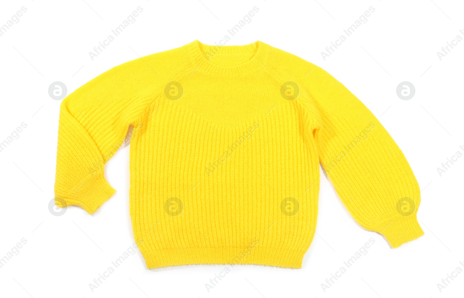 Photo of Cozy warm sweater on white background, top view