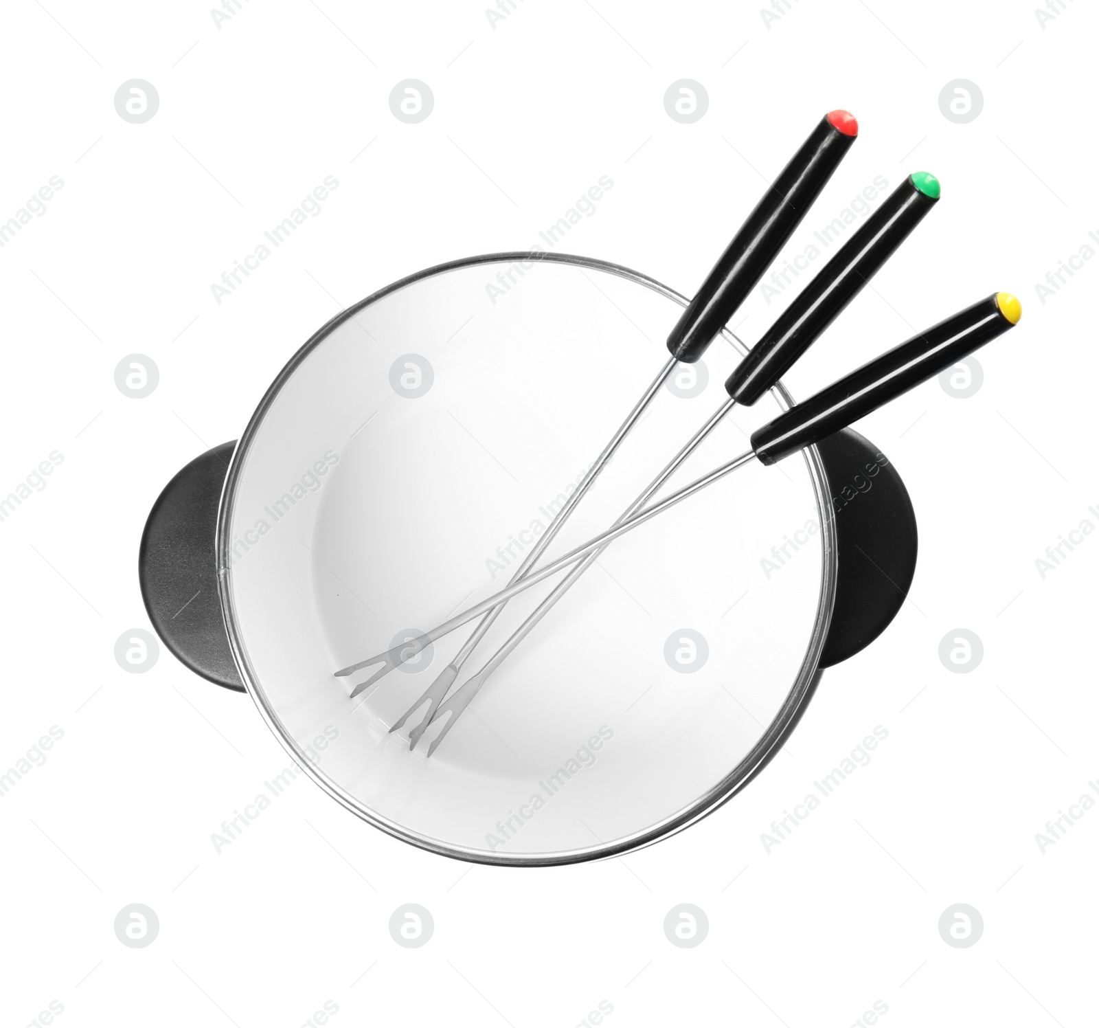 Photo of Modern fondue set on white background. Kitchen equipment