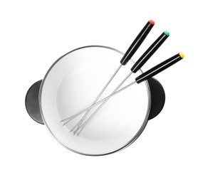 Photo of Modern fondue set on white background. Kitchen equipment