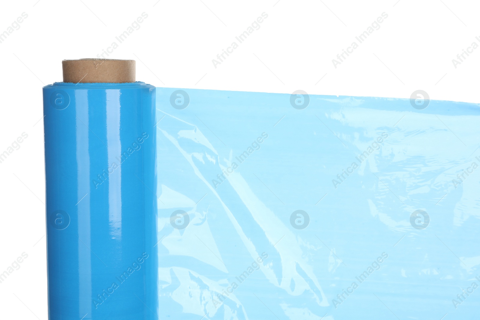 Photo of Roll of light blue stretch wrap isolated on white