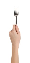 Woman holding clean fork on white background, closeup