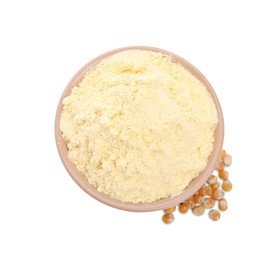 Photo of Bowl with corn flour and grains on white background, top view