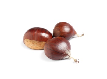 Photo of Fresh sweet edible chestnuts on white background