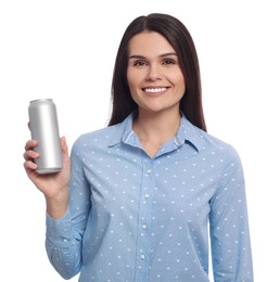 Photo of Beautiful young woman holding tin can with beverage on white background