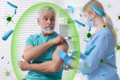 Doctor vaccinating senior man to induce his immunity surrounded by viruses indoors