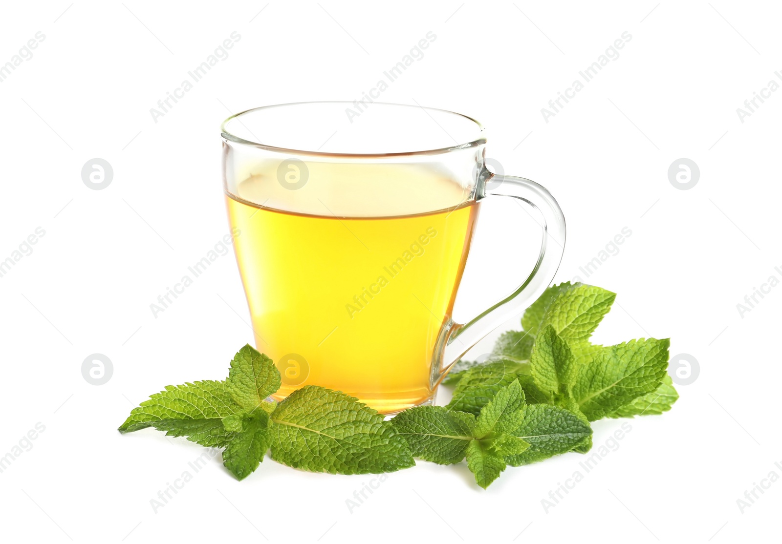 Photo of Cup with hot aromatic mint tea on white background