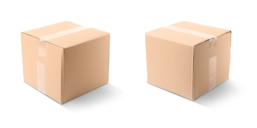 Image of New closed cardboard boxes on white background