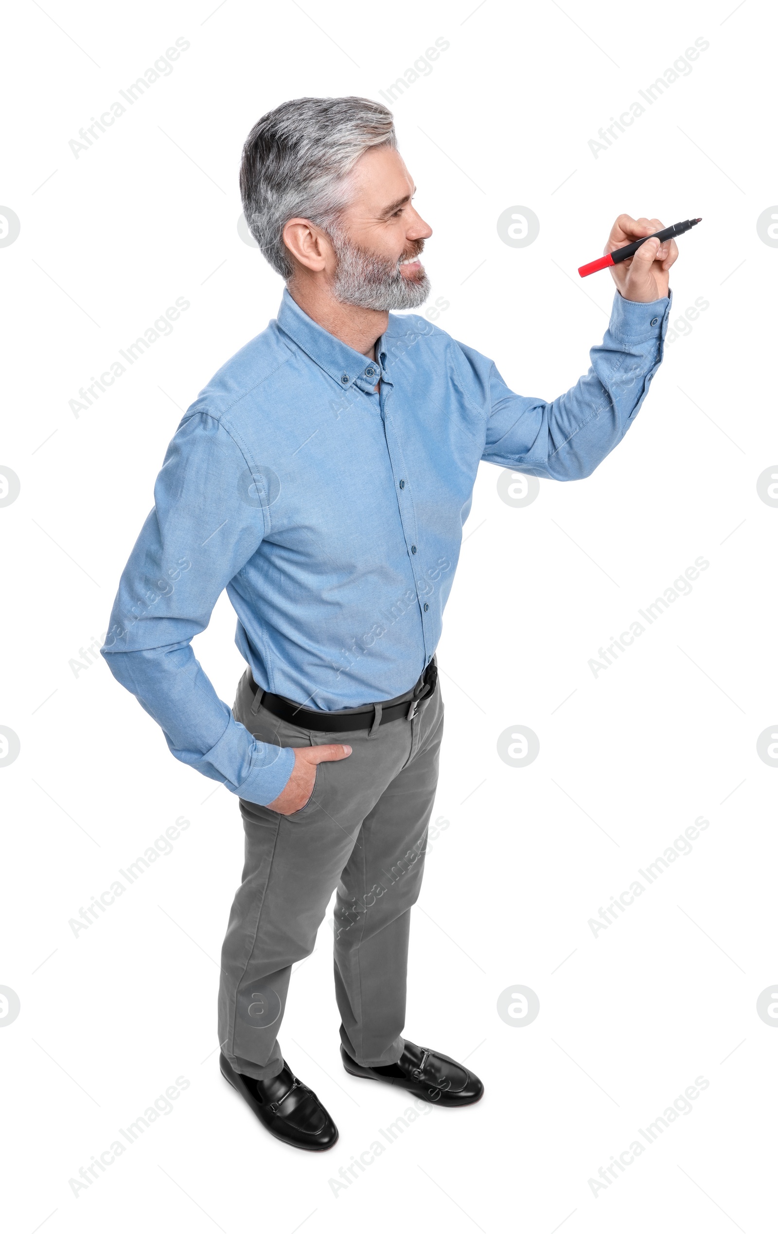 Photo of Mature businessman with marker on white background, above view