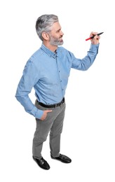 Mature businessman with marker on white background, above view